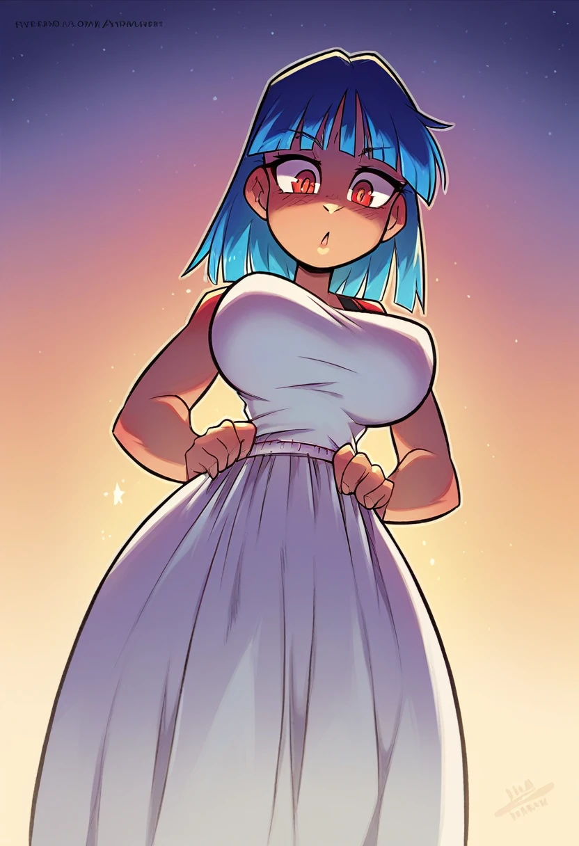 My name is Yukiko.I am a white test woman with long Sky blue hair,red eye color.I am 1.62 cm tall . My breasts measure 200 cm, my waist 40 cm and my hips 200 cm.Dressed in a transparent, low-cut white dress revealing the black underwear below . With big breasts 200 cm