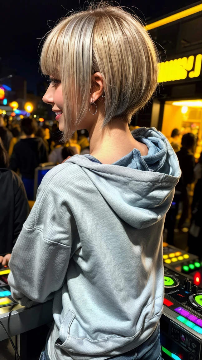 Highest quality, Tabletop, Ultra-high resolution, (Realistic:1.4), (Japanese Idols),RAW Photos, One Girl, night,Detailed skin,nightclub,Disco,(blonde:1.2), (Silver inner hair:1.3),Glossy Lips,smile,21 years old,Beautiful and beautiful eyes,eye shadow,Diamond jewellery,Earrings,Gold Jewelry,(hoodie:1.3),,(Shoulder strengthening:1.2),A well-trained body,(Pixie Cut),Round face,(playing music as a DJ:1.5), (DJ:1.2) Vibrant performances (Music Festival:1.2) and (Lively crowd:1.1) and (Colorful stage lighting:1.1), (Back view:1.5 ),Back view,(A slightly distant composition),(back of head),Composition from behind