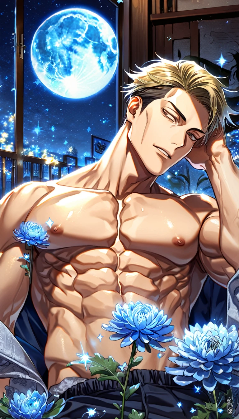 absurdres, highres, ultra detailed, HDR, master piece, best quality, extremely detailed, Nanami Kento, blonde hair, expressive brown eyes, Jujutsu Kaisen, solo, sexy man, handsome, toned chest, bare chest, sensual, fantasy, room, sparkling, blue glittering fireflies, blue moon, blue blossoms, blue chrysanthemums, blue sparkling lights, starry sky, magical