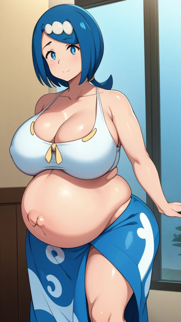 Sexy Hawaiian Girl, beautiful, Large Breasts, beautiful, Bright blue hair, Round Cut, Her blue eyes, She wears a white shirt, Showing your belly button, Long blue skirt. Huge Pregnancy