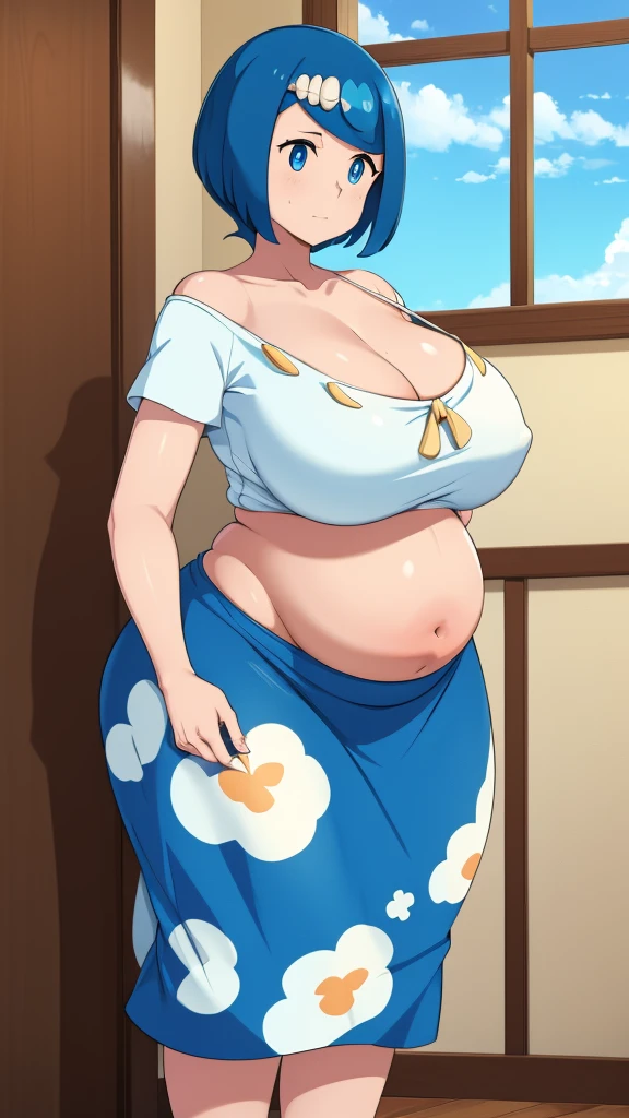 Sexy Hawaiian Girl, beautiful, Large Breasts, beautiful, Bright blue hair, Round Cut, Her blue eyes, She wears a white shirt, Showing your belly button, Long blue skirt. Huge Pregnancy