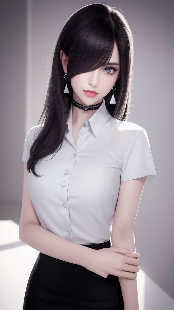 wax statue of a pretty female agent, prettiest facial features, making an elegant gesture, FBMP model pose, barefoot standing on a display base in a dark art gallery as a decoration, (masterpiece, best quality, 1girl, solo, intricate details, chromatic aberration), (realistic),(skin), ((breath)),(dark hair,blunt bangs),detailed hair, red head ornament, blue highlights, hair over one eye,purple eyes, earrings, sharp eyes, choker,((white shirt short sleeve)),((black pencil short skirt)),((symmetry eyes)),((perfect symmetrical body)),(pureerosface_v1:0.3), night,(((natural light))),backlighting,against grey wall, dim lighting, ((centered shot, from front,(face and waist))),