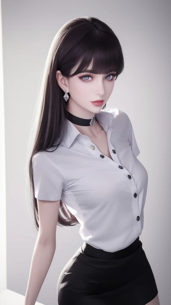 wax statue of a pretty female agent, prettiest facial features, making an elegant gesture, FBMP model pose, barefoot standing on a display base in a dark art gallery as a decoration, (masterpiece, best quality, 1girl, solo, intricate details, chromatic aberration), (realistic),(skin), ((breath)),(dark hair,blunt bangs),detailed hair, red head ornament, blue highlights, hair over one eye,purple eyes, earrings, sharp eyes, choker,((white shirt short sleeve)),((black pencil short skirt)),((symmetry eyes)),((perfect symmetrical body)),(pureerosface_v1:0.3), night,(((natural light))),backlighting,against grey wall, dim lighting, ((centered shot, from front,(face and waist))),