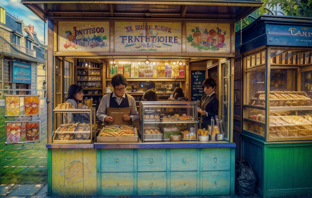 [(Transparent Background: 1.5)::5],(((masterpiece))),(((best quality))),(((Very detailed))),illustration, mystery,Bright colors, Shiny , (Impressionism: 1.4), ready to eat, french fries, bucket, 魚和french fries, (snack bar), (Food stalls;Roadside stalls), london, Harry Potter, Harry Potter, Wizarding World, Dining room, gourmet food, Catering Services, format, Font design, magic style, mystery字體, 