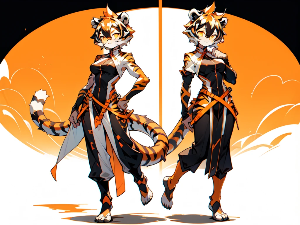 front and back,white background, full body, Standing:1.5, japan cloth,animal ears, white hair, black hair, short hair, large breasts, tiger skin，Abdominal muscles, tail, orange eyes, orange hair, multicolored hair, tiger girl, hair between eyes, tiger_ears, tiger_tail, orange-tinted_eyewear, tinted_eyewear, big breasts, evil smile, Shadows under feet, sey ass,