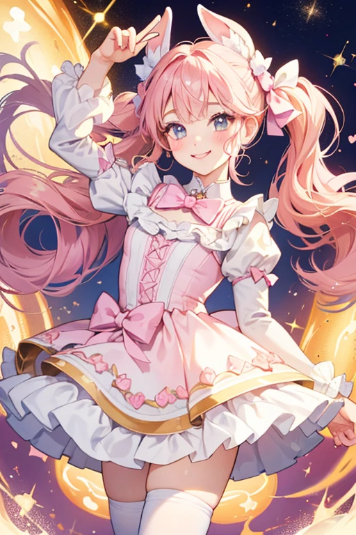 A vanilla GIRL bunny with caramel swirls on her. She has a winking face and thin-line smile. She has a pink nose to match her pink bow. SPARKLE; GLITTER