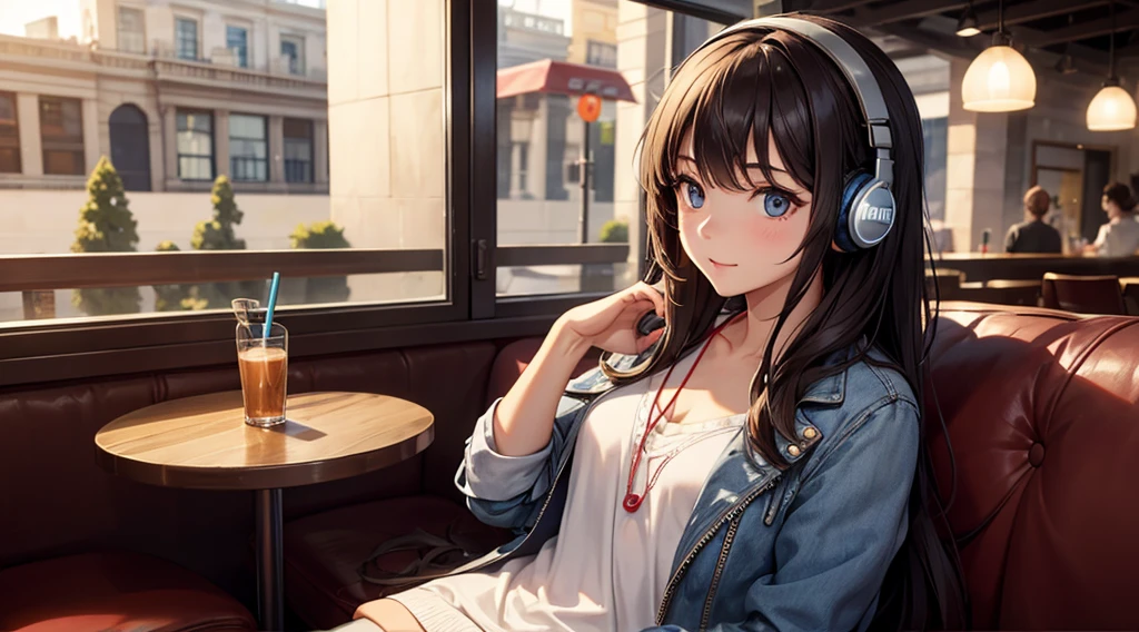 Girl with headphones enjoying music in a cafe　I am studying　Emphasize a little bit of the chest