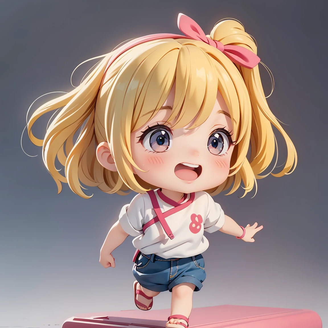  Super Chibi Character：1.8、wearing cute sandals、background：Simple all over、Blonde Hair、Cute 7  girl、Random cute outfits、Short legs、Sandals with ribbon、running while laughing、running while laughing