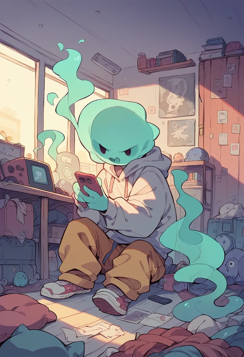 The whole room is a Gaming room, brightly colored and in front there are many cool ghosts.