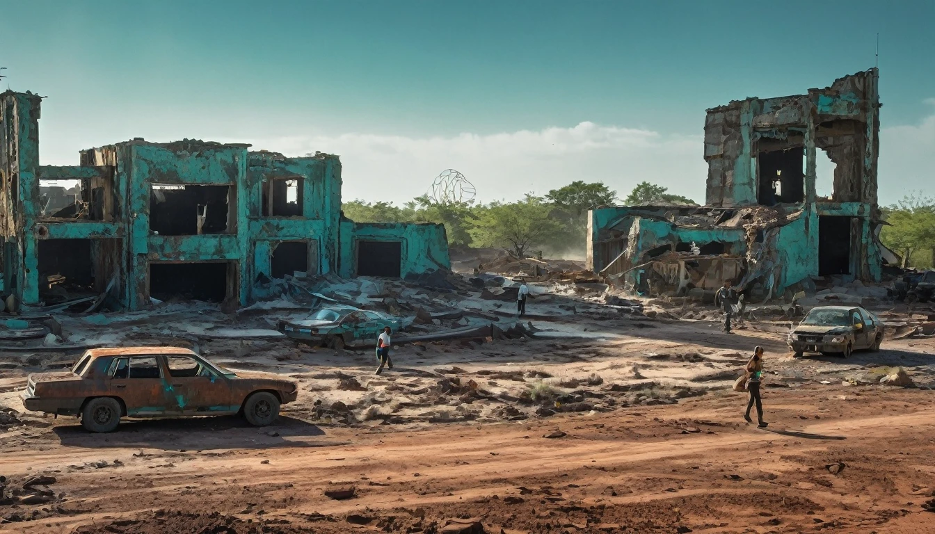 Beyond a sandy barricade, people eke out a living among ruins hammered by solar winds, while in the distance a force field protects an arcology where walkways hover above lush parkland. Seen through the discerning eye of a Fujifilm GFX 100S, 35-100mm capturing the disparity of their worlds in rich 102MP detail, illuminated by the glare off security drones and slanting rays breaking through the dust, a palette of rust and teal conveys alienation and isolation. --chaos 5 --style raw --stylize 50 --weird 800 --quality 25 --ar 16:9 --v 6