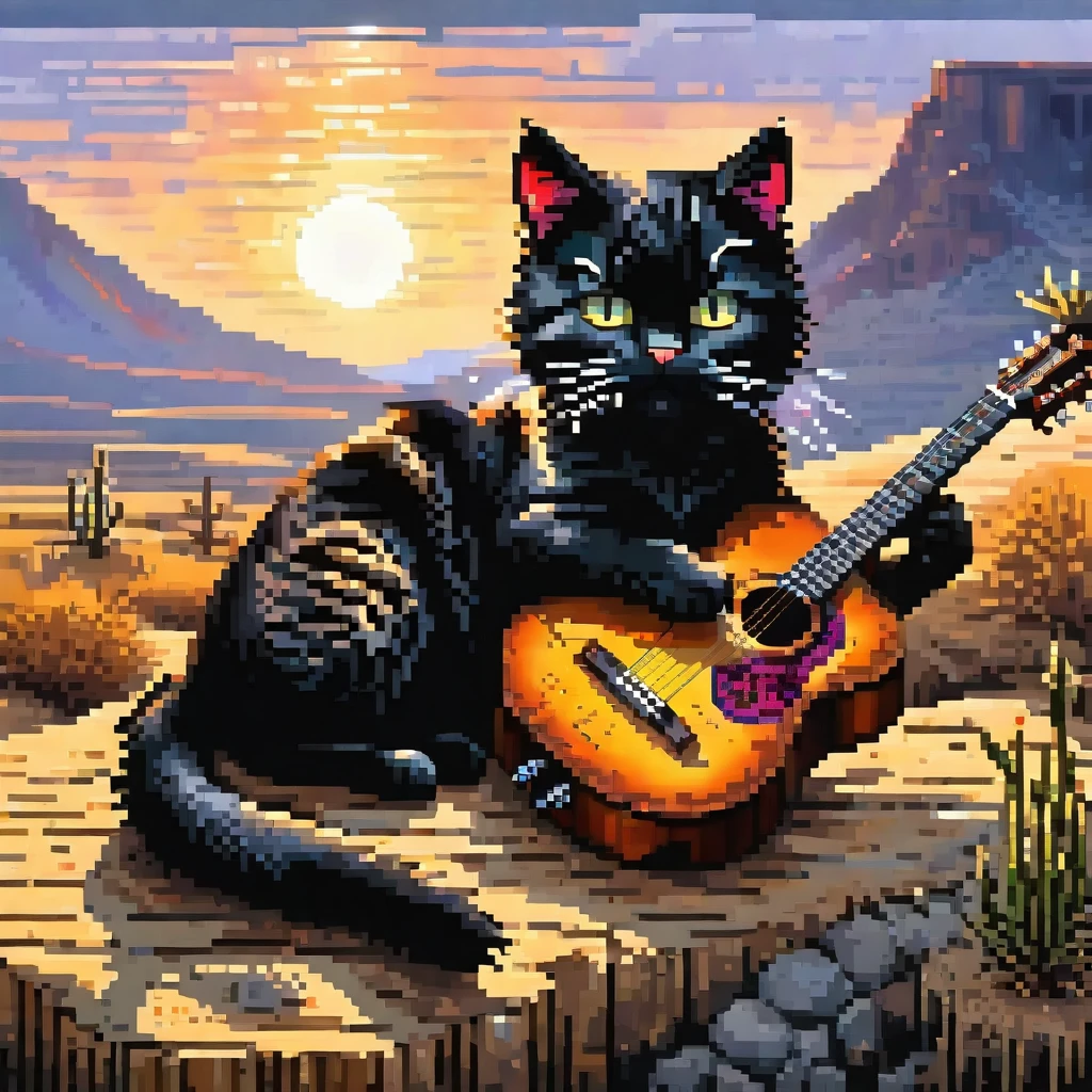 pixel art painting Acoustic guitar wild black cat, best quality, masterpiece, high details, Ultra intricate detailed,evening sun wasteland,
