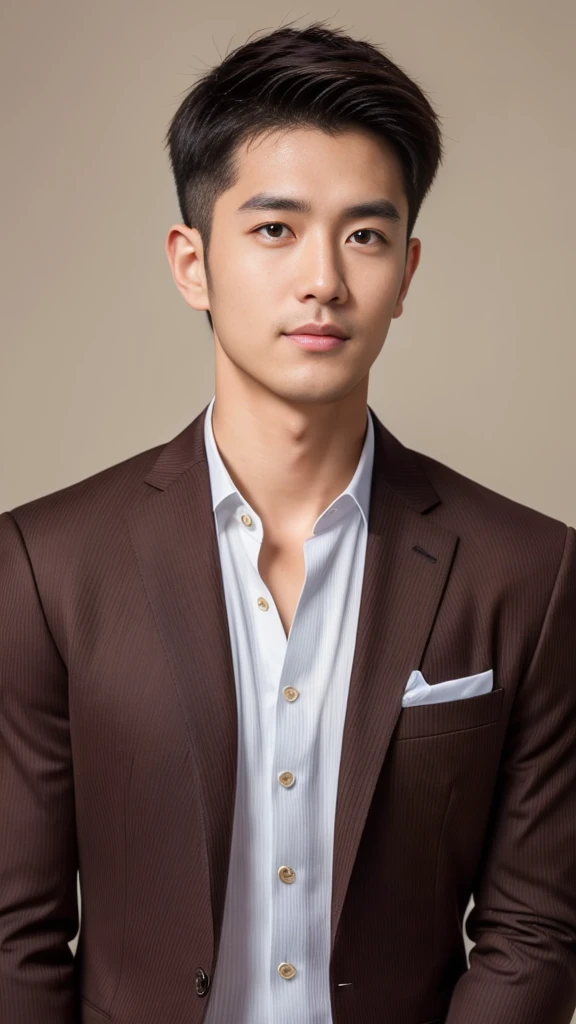 Brown striped suit、 30-year-old handsome employee、The hair is neat.It is not advisable to cut the beard short.no beard. (Super handsome S-class suit man)、 Japanese male, 30 years old、 merchant、 Super Deluxe Set、 office、 Stand up in a suitSyoung handsome man、 full body image、 (CG Unity 8K High Detail Photo)、 (a very detailedSThe most handsome boy in the class)、 (Photos are real)、 ((top quality))、 super detailed、 (Masterpiece)、 super high quality、 High、 audience、 gentleman、 very beautiful hair、 short hair、 bright photos、 As handsome as a model、 As handsome as an idol、 Luxury watches、 Eyes balanced looking at the audience with a slight smile