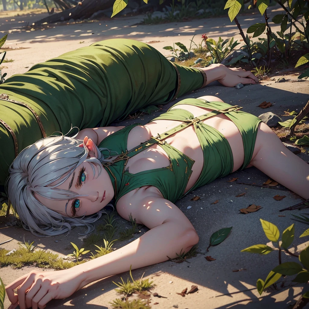 "high resolution, close-up of a dead elf lying on the ground of a battlefield, show the elf's full body with armor. The elf has long, blonde hair., dirty with blood and dirt, scattered around the head. Your eyes are closed, with an expression of peace and sadness. His pale skin contrasts with the elaborate, detailed armor., that is broken and stained with blood. A black arrow is stuck in your chest,
