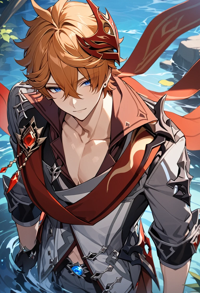 masterpiece, best quality, Tartaglia (genshin impact), Gloves, mask, male focus, 1st son, blue eyes, black Gloves, alone, orange hair, forehead, water, jacket, hair between eyes, bijouterie, scarf,