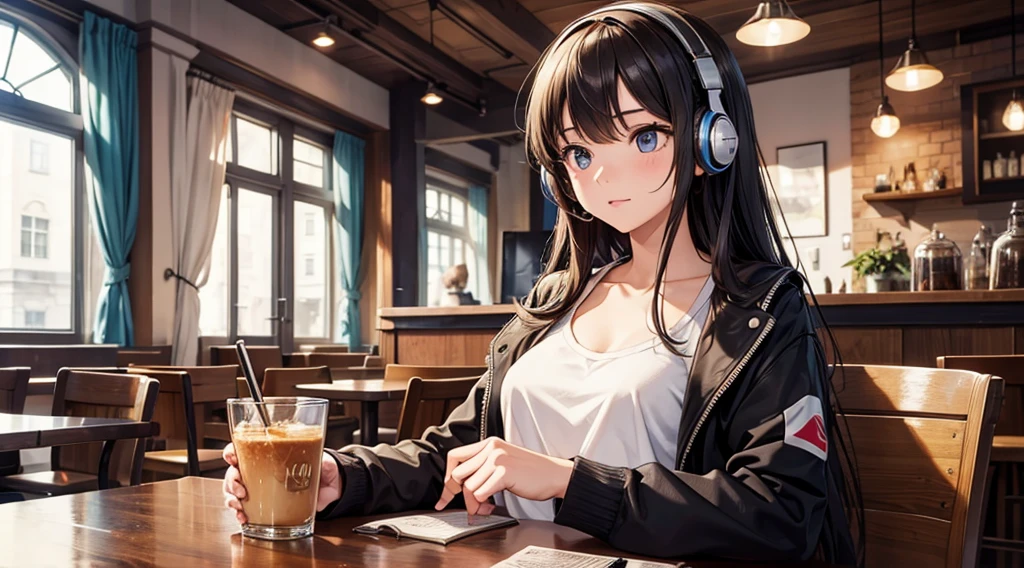 Girl with headphones enjoying music in a cafe I am studying Emphasize a little bit of the chest