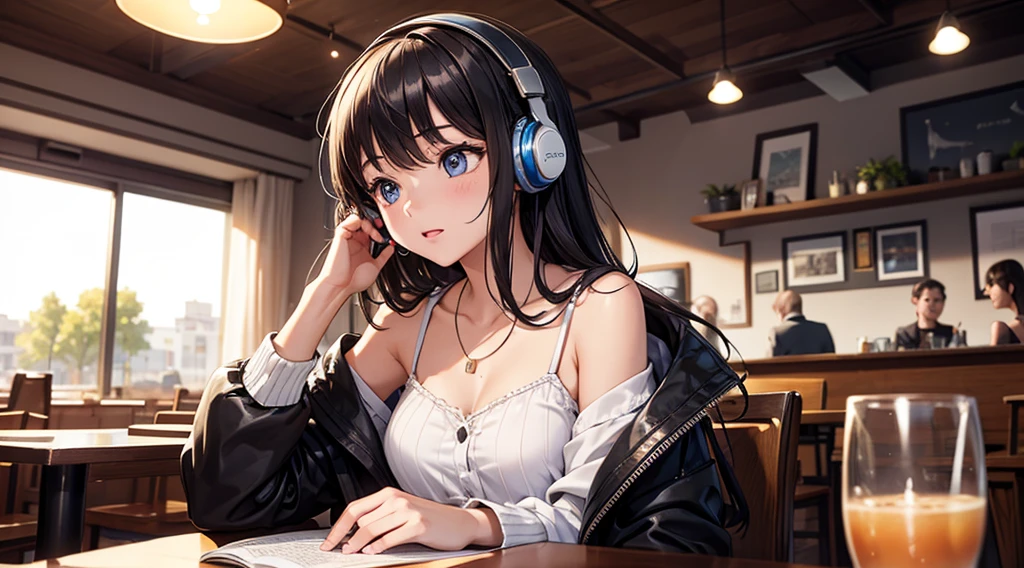 Girl with headphones enjoying music in a cafe I am studying Emphasize a little bit of the chest