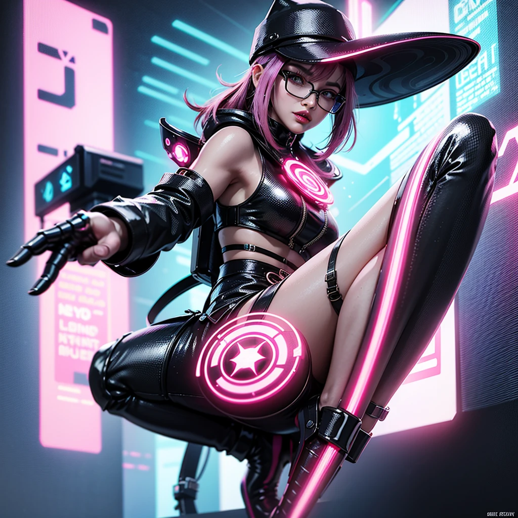 a close up of a person wearing a hat and glasses, fashion gameplay screenshot, glitchpunk girl, stylized digital art, in a cyber - punk ally, stylized digital illustration, neonpunk, pink iconic character, as a retro futuristic heroine, cyber universe style, background artwork, cyber style, hero pose colorful city lighting, in style of digital illustration