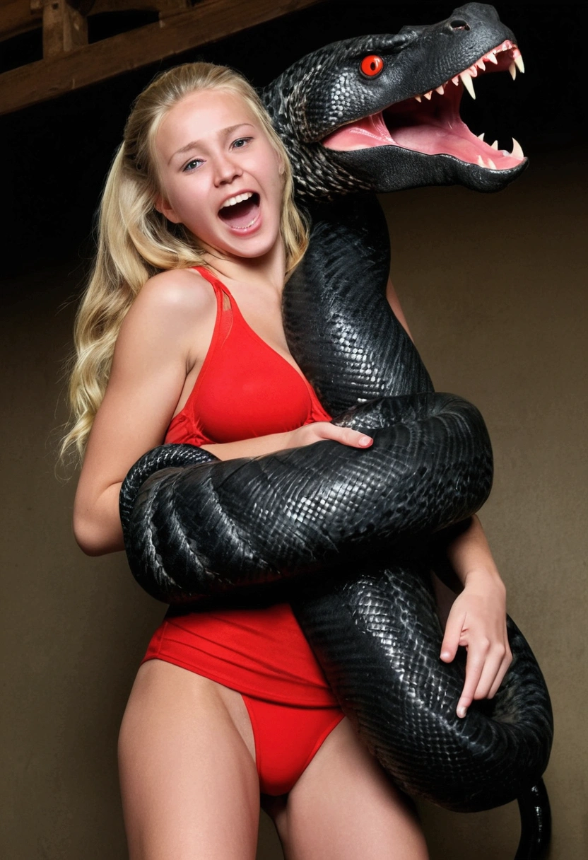 Happy Horny, aroused 1girl), beautiful blonde young girl wearing red thong with giant colossal black titanboa monster squeezing her hard, wrapped in thick spiraling coils, constricted, struggle, gasping for air, snake attack, snake peril,