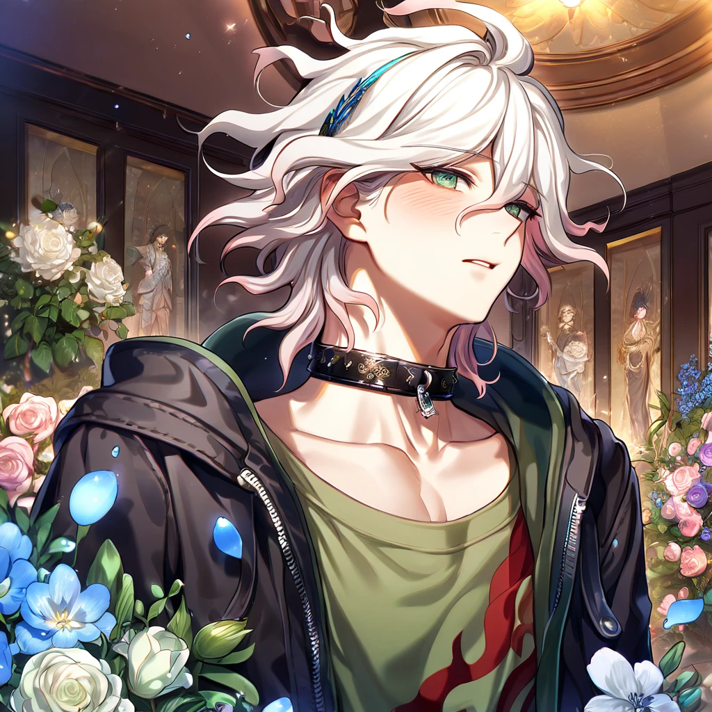 absurdres, highres, ultra detailed, HDR, master piece, Komaeda Nagito, white hair, expressive gray-green eyes, cropped black jacket, dark-red and olive-green scoop-neck shirt, long beige undershirt, Danganronpa, sexy man, room, handsome, best quality, flowers, fantasy, magical, solo, blue shining fireflies, blue petals, sensual, black collar, blushing