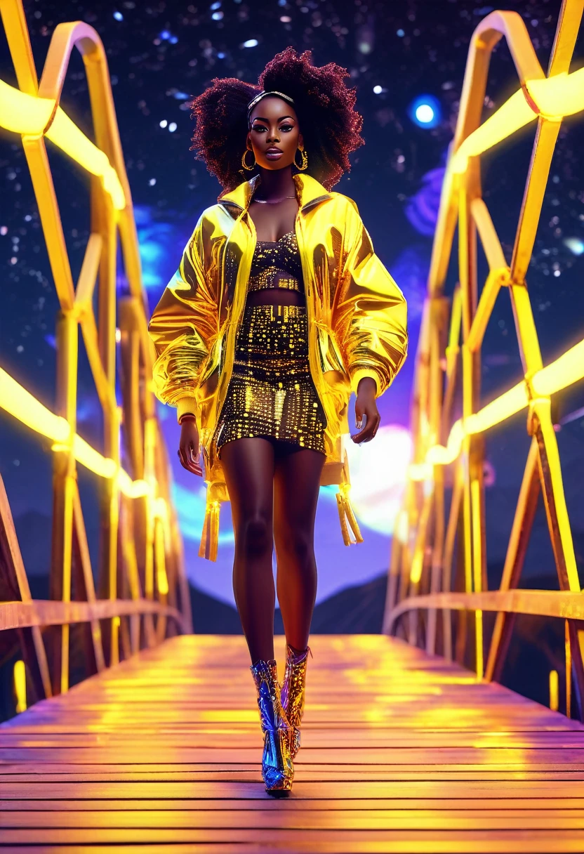 A black woman dressed in african designed cotton clothes and high heels, walking on a floating wooden bridge in outer space, bridge lit by yellow neon lights, the bridge connecting to a white planet portal, beautiful neon lit stars shining iridescent light particles in the scene, 32k, ultra HD,  unreal engine rendered, beautiful and vibrant scene. 