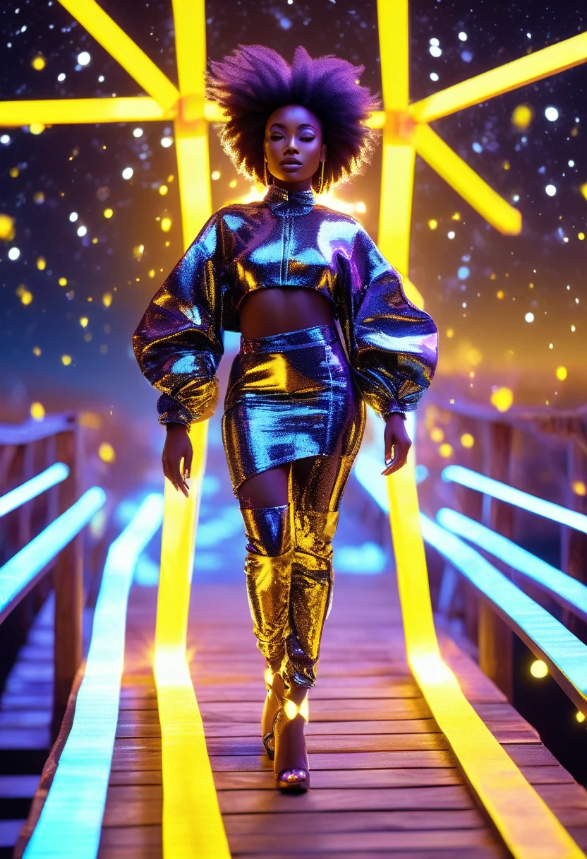 A black woman dressed in african designed cotton clothes and high heels, walking on a floating wooden bridge in outer space, bridge lit by yellow neon lights, the bridge connecting to a white planet portal, beautiful neon lit stars shining iridescent light particles in the scene, 32k, ultra HD,  unreal engine rendered, beautiful and vibrant scene. 