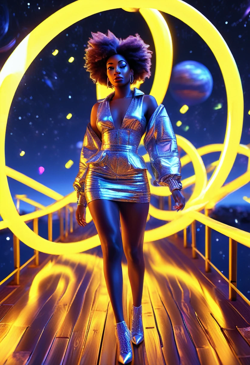 A black woman dressed in african designed cotton clothes and high heels, walking on a floating wooden bridge in outer space, bridge lit by yellow neon lights, the bridge connecting to a white planet portal, beautiful neon lit stars shining iridescent light particles in the scene, 32k, ultra HD,  unreal engine rendered, beautiful and vibrant scene. 