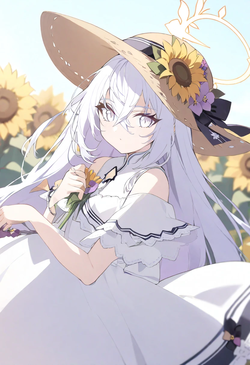   azusa \(blue archive\), 1girl alternate_costume bare_shoulders blurry cowboy_shot crossed_bangs depth_of_field dress facing_viewer flower grey_eyes hair_flower hair_ornament hat holding holding_flower long_hair off-shoulder_dress off_shoulder purple_flower solo straw_hat sunflower white_dress white_hair yellow_hat