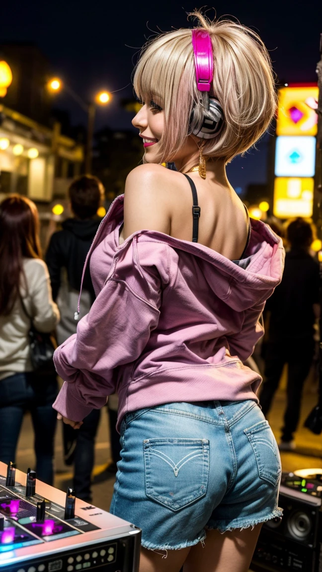 Highest quality, Tabletop, Ultra-high resolution, (Realistic:1.4), (Japanese Idols),RAW Photos, One Girl, night,Detailed skin,nightclub,Disco,(blonde:1.2), (Pink inner hair:1.3),Glossy Lips,smile,21 years old,Beautiful and beautiful eyes,eye shadow,Diamond jewellery,Earrings,Gold Jewelry,(hoodie:1.3),,(Shoulder strengthening:1.2),A well-trained body,(Pixie Cut),Round face,(playing music as a DJ:1.5), (DJ:1.2) Vibrant performances (Music Festival:1.2) and (Lively crowd:1.1) and (Colorful stage lighting:1.1), (Back view:1.5 ),Back view,A slightly distant composition,(back of head)