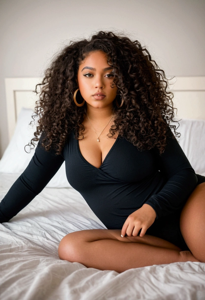 Mixed black ethnicity, curvy girl, wearing a Sexy but cozy outfit, long curly hair, laying on bed, black girl 