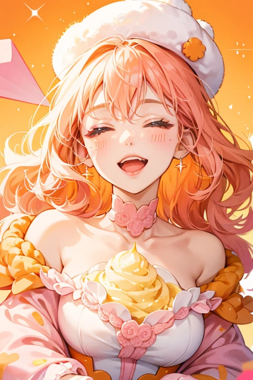 Orange Cream is an orange GIRL bear ice cream Num with bright pink cream covered in yellow sprinkles. She has an opened mouth and shut eyes. SPARKLE; GLITTER