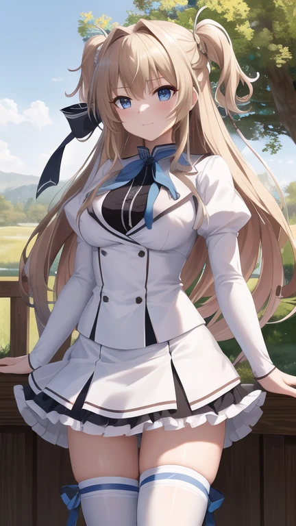 masterpiece, best quality, highres, 1girl, solo, long hair, blonde hair, two side up, (hair ribbon:1.1), blue eyes, neck ribbon, , white jacket, juliet sleeves, long sleeves, white skirt, thigh ribbon, black thighhighs, outdoors, cowboy shot, standing,