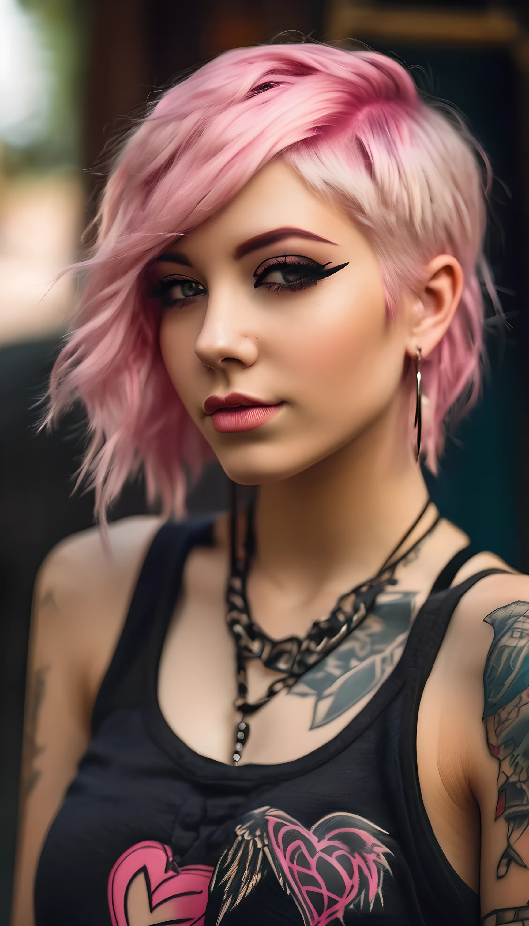 Young adult woman 22 years realistic, sexy with medium-size breasts, modern punk style similar to harley quyn, with long blonde and a little pink hair, with a broken heart tattoo full body