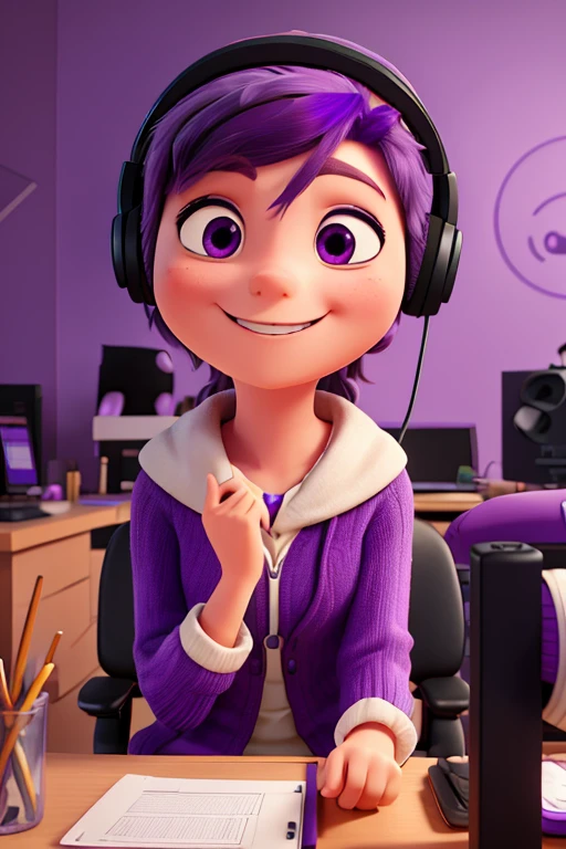 Create an image of with purple hair happy and struggling with blinking eyes, with the purple walls, sitting at a computer desk with headphones in your ears, in a stremer studio, super happy and with a smile on his face