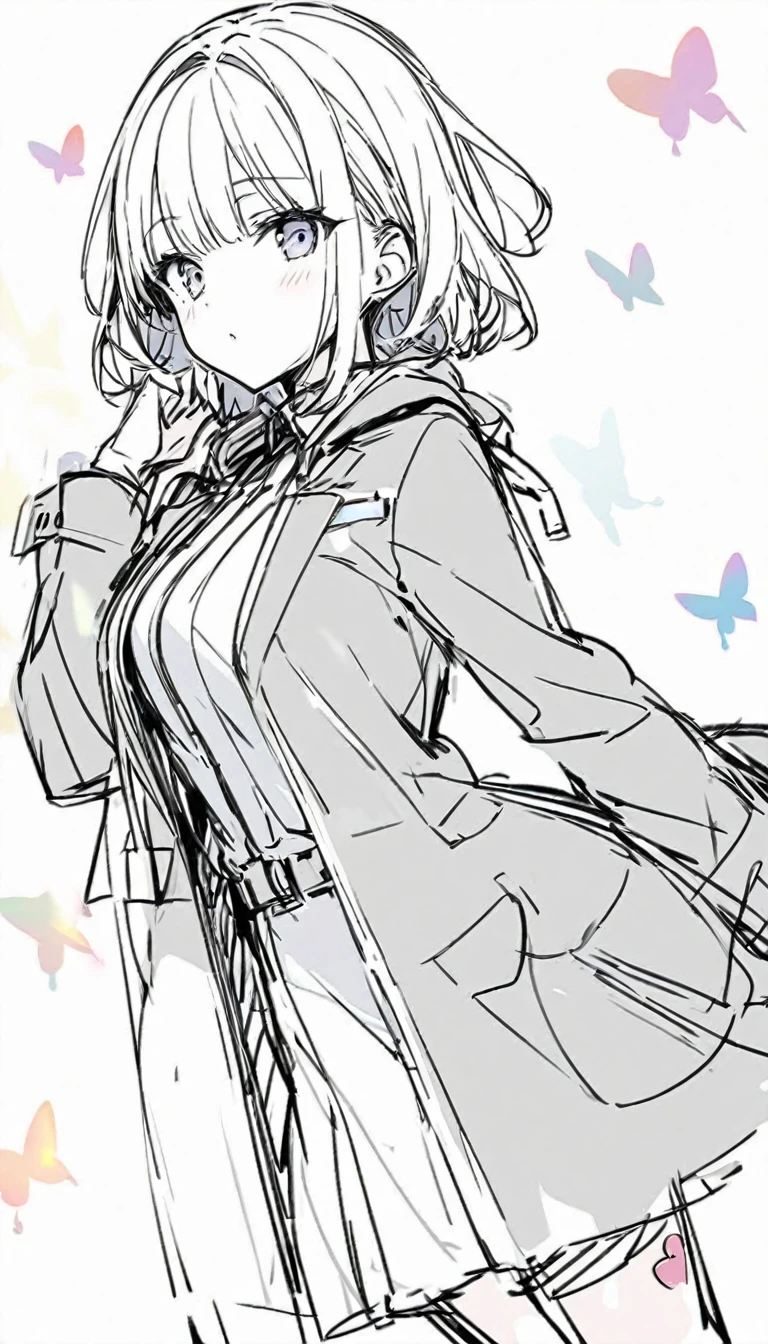 Butterflies are flying、Facing at an angle、Sketch、1girl, stylish, stylish code, large jacket