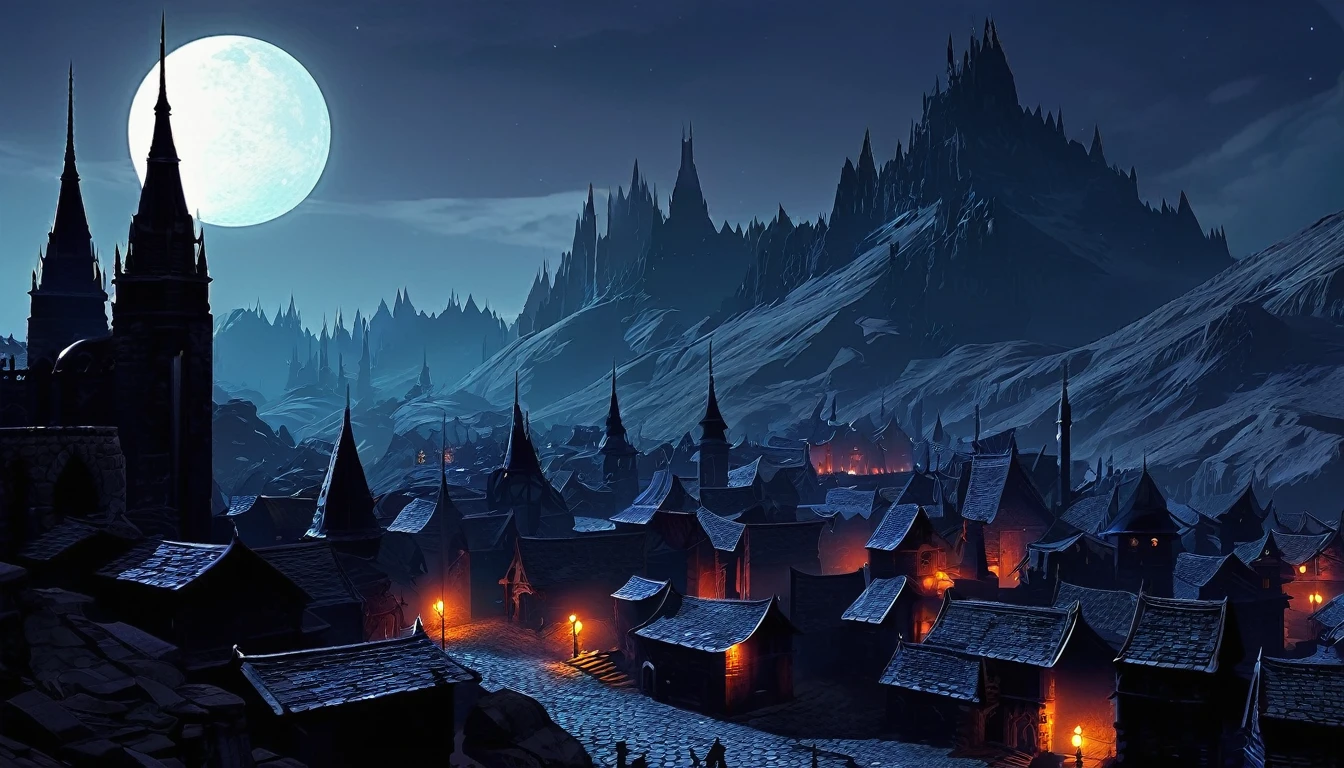 Ebonspire, a shadowy town nestled at the base of the Sable Peaks, pierces the night with its dark, towering spires that seem to drink in the moonlight, casting an eerie glow on the cobblestone streets below.