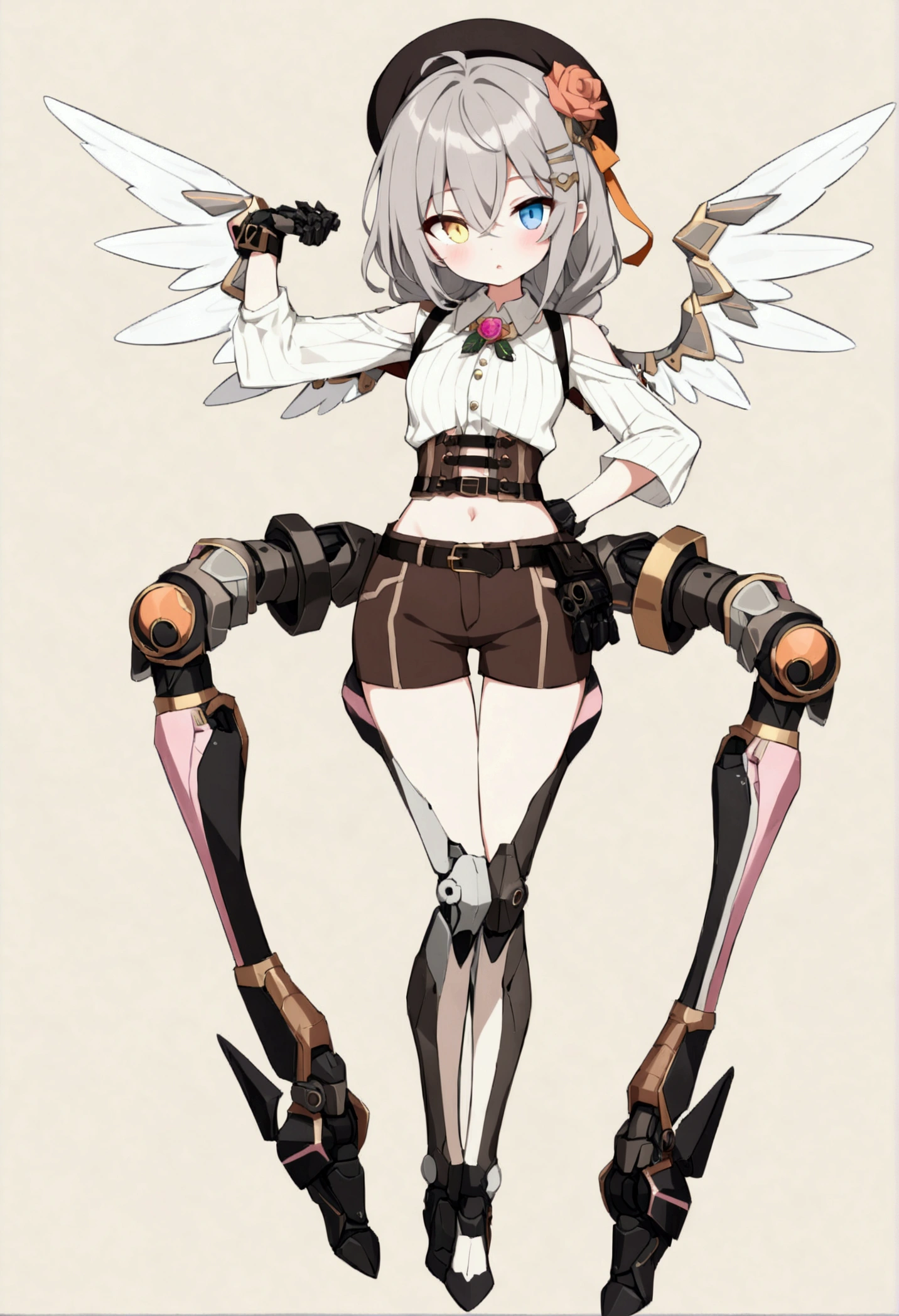 woman 165cm tall, (whole body: 1.5), slim build, , charming look, ((heterocromia: ojo right naranja y ojo izquierdo violeta)), (Shoulder Length Wavy Gray Hair, a medium braid on the left side of the hair: 1.2, big open bangs, largo flequillo en el lado izquierdo y right del cabello sobre las mejillas , golden gear hairpin on the left side of the hair: 1.1), (((complex mechanical legs up to the hip, The legs are black with gray parts and small pink details))), (((complex mechanical arms up to the elbows, The arms are black with gray parts and small pink details))), ((a pair of complex white mechanical angel wings with pastel green parts)), (elegant black French beret, orange rose ribbon on the beret: 1.2), (stylish white short sleeve button down shirt, dark brown shorts with straps from the waist, elegant black belt, small rose brooch on shirt collar, beautiful mechanical stilettos), (((full body character design sheet: vista 3/4))), ((Pastel yellow background)), extremely detailed hair, beautiful detailed clothing, extremely detailed arms, extremely detailed face, (Extremely detailed hands), perfect hands, beautiful detailed eyes, beautiful detailed lips, adorable, extremely detailed legs, (Best Quality, 8k, ultra resolution), ultra detailed, Exquisite and epic character art, (Focus on symmetry), (extremely detailed wings), (body position: standing, right, symmetrical), looking at the viewer, small face.