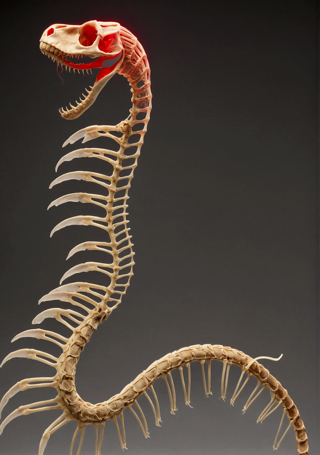 Side profile view: Snake skeleton with ribs, bones and head receiving soft red light from below, some mosses on the back and dead snake skin