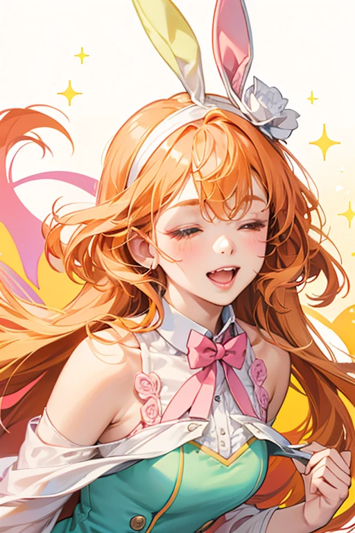 An orange GIRL bunny with shut eyes and an opened mouth. She has a brown nose and swirls of pink through her. She wears a very pale mint bow. SPARKLE; GLITTER