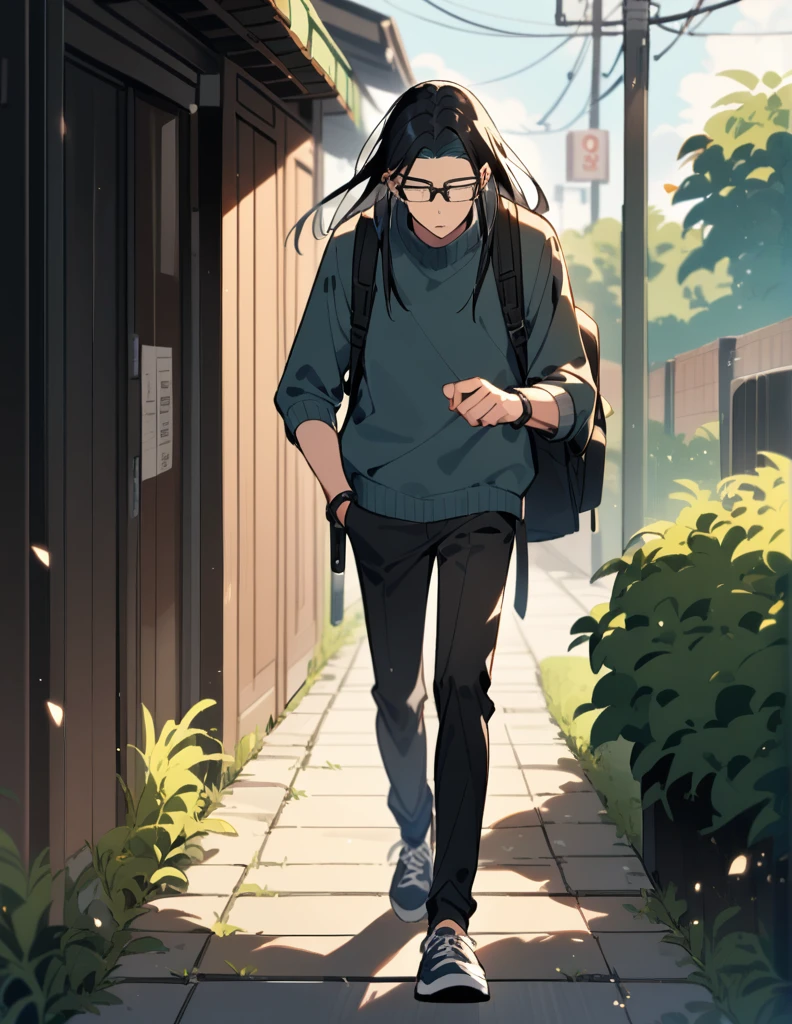 16-year-old age boy, long black long hair, wearing a dark blue and prescription glasses, wearing silver earrings, with a backpack, walking alone and with his head down
