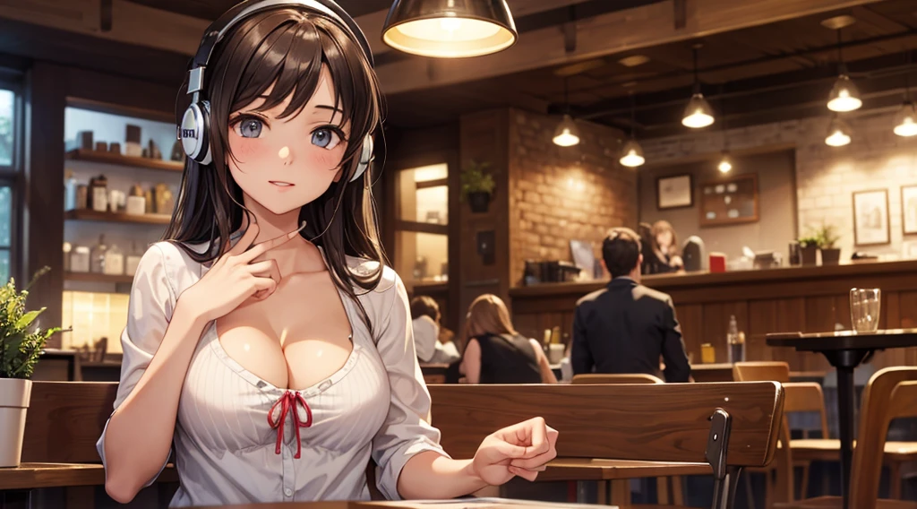 Girl with headphones enjoying music in a cafe　I am studying　Emphasize a little bit of the chest　Emphasize cleavage