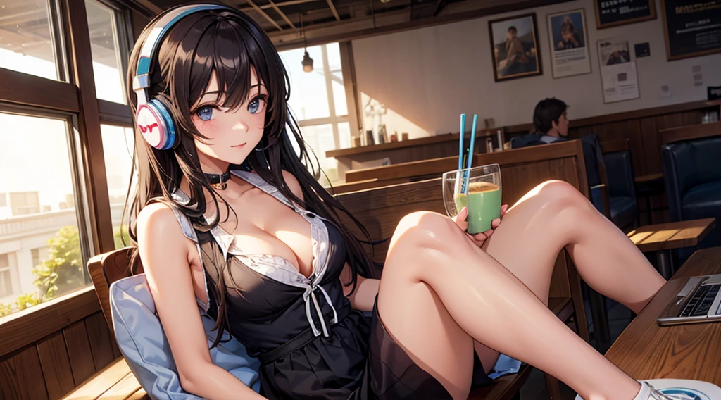 Girl with headphones enjoying music in a cafe　I am studying　Emphasize a little bit of the chest　Emphasize cleavage