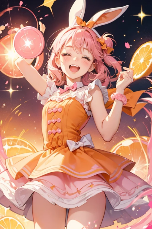 A pink GIRL bunny with orange swirled through her. She has a pink nose, shut eyes, and wide opened mouth. She wears an orange bow.  SPARKLE; GLITTER