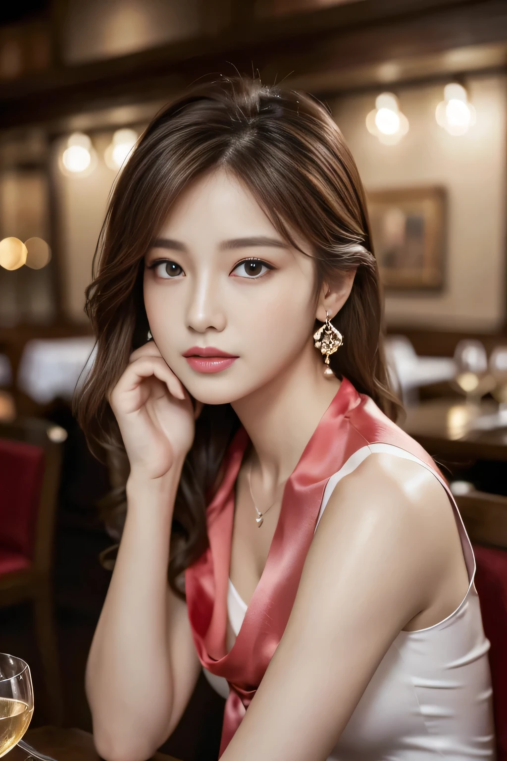 masterpiece, Highest quality, Realistic, Very detailed, Finer details, High resolution, 8k wallpaper, One beautiful woman, Wear a pretty colored silk shirt, In a great restaurant, At night, Light brown messy hair, Perfect dynamic composition, Beautiful and beautiful eyes、Big earrings、chest、Sleeveless shirt、