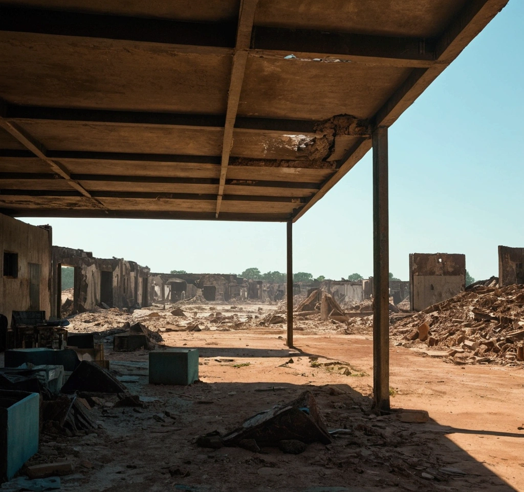 Beyond a sandy barricade, people eke out a living among ruins hammered by solar winds, while in the distance a force field protects an arcology where walkways hover above lush parkland. Seen through the discerning eye of a Fujifilm GFX 100S, 35-100mm capturing the disparity of their worlds in rich 102MP detail, illuminated by the glare off security drones and slanting rays breaking through the dust, a palette of rust and teal conveys alienation and isolation. --chaos 5 --style raw --stylize 50 --weird 800 --quality 25 --ar 16:9 --v 6