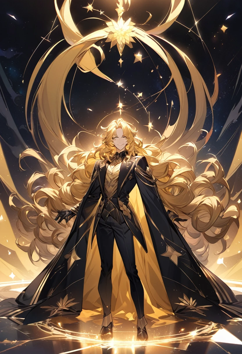 Create a man with unique characteristics, Inspired by Leo and the stars of space. It is an artistic expression of the essence of this constellation.., With striking features and a mysterious aura, Leave traces of gold and golden light as evidence., The pride of Leo is expressed in its essence with long curly hair and voluminous hair that expresses golden yellow hair and a confident smiling mane.