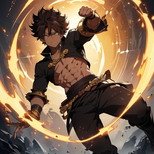 ((boy, , height 1.80 meters)); (dark brown skin:1.5); (Brown eyes); (short, curly black hair); (Average physical height of a 16-year-old teenager); (-descendant characteristics with traits of mixed heritage); ((8th century imperial costume)); ((glossy black cover)); (black clothes with shades of gray and gold details); (black boots with gray and gold details); (arrogant, eccentric, egocentric, proud personality); (extremely high hormones); (hyper-exaggerated lecherous personality similar to Meliodas, Master Roshi and Jiraiya); ((whole body)); ((dynamic pose)); ((detailed face, expressive eyes)); ((anime style, 2D illustration))