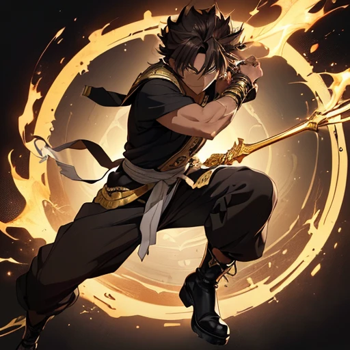 ((boy, 16 years old, height 1.80 meters)); (dark brown skin:1.5); (Brown eyes); (short, curly black hair); (Average physical height of a 16-year-old teenager); (Afro-descendant characteristics with traits of mixed heritage); ((8th century imperial costume)); ((glossy black cover)); (black clothes with shades of gray and gold details); (black boots with gray and gold details); (arrogant, eccentric, egocentric, proud personality); (extremely high hormones); (hyper-exaggerated lecherous personality similar to Meliodas, Master Roshi and Jiraiya); ((whole body)); ((dynamic pose)); ((detailed face, expressive eyes)); ((anime style, 2D illustration))