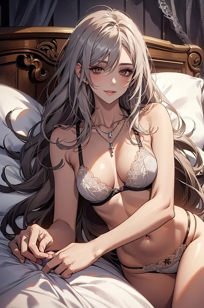 (Highest quality, High resolution, Very detailed), Silver Hair, Long Hair, Reddish brown eyes, lace thong bra, NUDE, Large Breasts, lie on own back, overhead shot, Large Breasts, Perfect Makeup, necklace, 24th generation, Beautiful woman, mature, quiet, Calm, A small smile, bed,