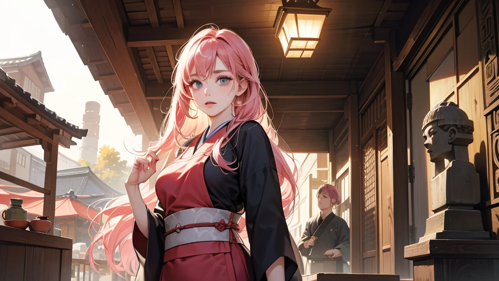 (peRfect anatomy:1.2)(absuRdRes, highRes, ultRa detailed),masteRpiece,best quality,high Resolution,8k,Realistic face,Realistic skin textuRe,magnified textuRes, stunning claRity,detailed anime giRl,(ultRa detailed eyes and face),18 yeaRs old,bang pink haiR,faiR skin,kimono, sleepy eyes,Japanese Edo-eRa tea shopkeepeR,japanese apRon,fit body type,big bReasts,(confusion:1.2),Steampunk in the Edo PeRiod、(vivid hieRoglyphの看板と街頭広告:1.2)、silence、autumn、hieRoglyph,souk、Ancient Egyptian statues、Shopping StReet,,look at vieweR,(fRom fRont:1.3),Delicate atmospheRe、,cowboy shot,R