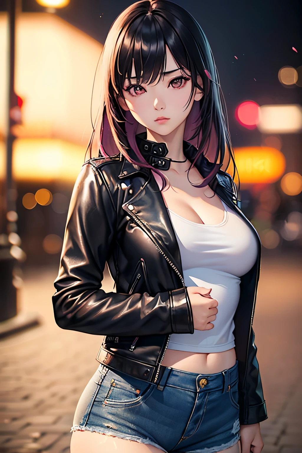 a beautiful 21 year old korean girl, long slightly waved black hair with pink highlights, rosy eyes, serious semblance, small breasts, leather jacket, anime realism style, portrait, (best quality,4k,8k,highres,masterpiece:1.2),ultra-detailed,(realistic,photorealistic,photo-realistic:1.37),HDR,vivid colors,professional,bokeh